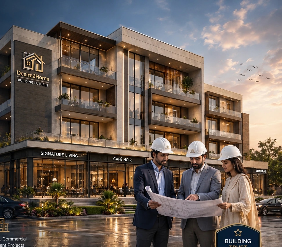 Desire2Home architects and construction professionals reviewing a building project